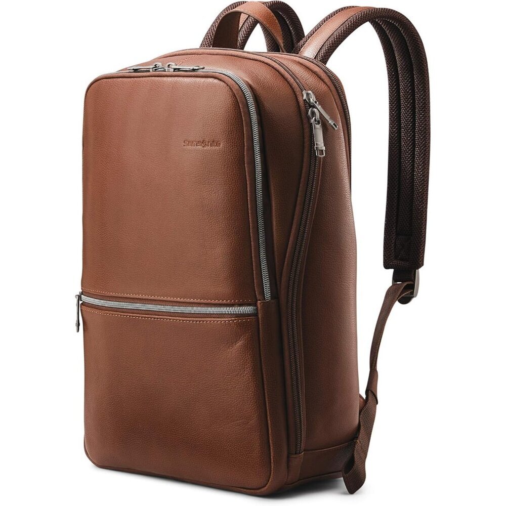 Men's Cognac Classic Leather Slim Imported Zipper Nylon Laptop Pocket Backpack